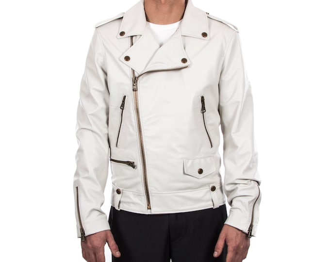 Italian handmade Men genuine lambskin leather biker jacket slim fit color ivory  brass hardware S to 2XL