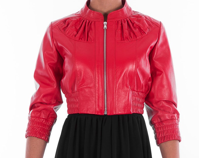 Italian handmade Women genuine leather cropped bomber jacket beautiful red