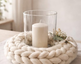 Handgemachter Wollkranz mit Glas Merino Wolle Schafswolle|Grobstrick | Tischkranz | Chunky Wolle |Kranz