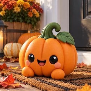 Puede incluir: Una figura de calabaza de color naranja brillante con una superficie lisa, que presenta una cara sonriente con grandes ojos negros, mejillas rosadas y una pequeña boca abierta. Tiene un tallo verde y una hoja verde, con dos pequeños pies redondos.