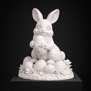 May include: A white ceramic Easter bunny figurine holding a decorated egg with a bow. The bunny is surrounded by other decorated eggs and floral accents, all on a grassy base. The figurine is displayed on a black pedestal.