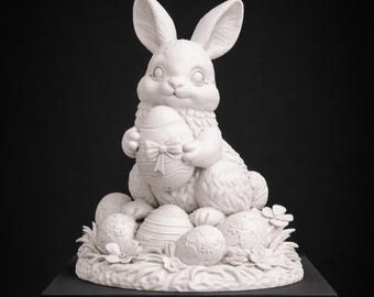 Easter Bunny Statue 3D Model | Rabbit Holding Egg, Spring Decor (STL File)