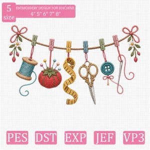 Sewing Tools Embroidery Design, Scissors Thread Spool Needle Button Machine Embroidery File, Sewing Lover PES DST EXP jef vp3