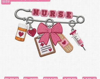 Nurse Safety Pin Embroidery Design, Cute Pink Nurse Charm Medical Badge Machine Embroidery File, Nurse Gift PES DST EXP jef vp3