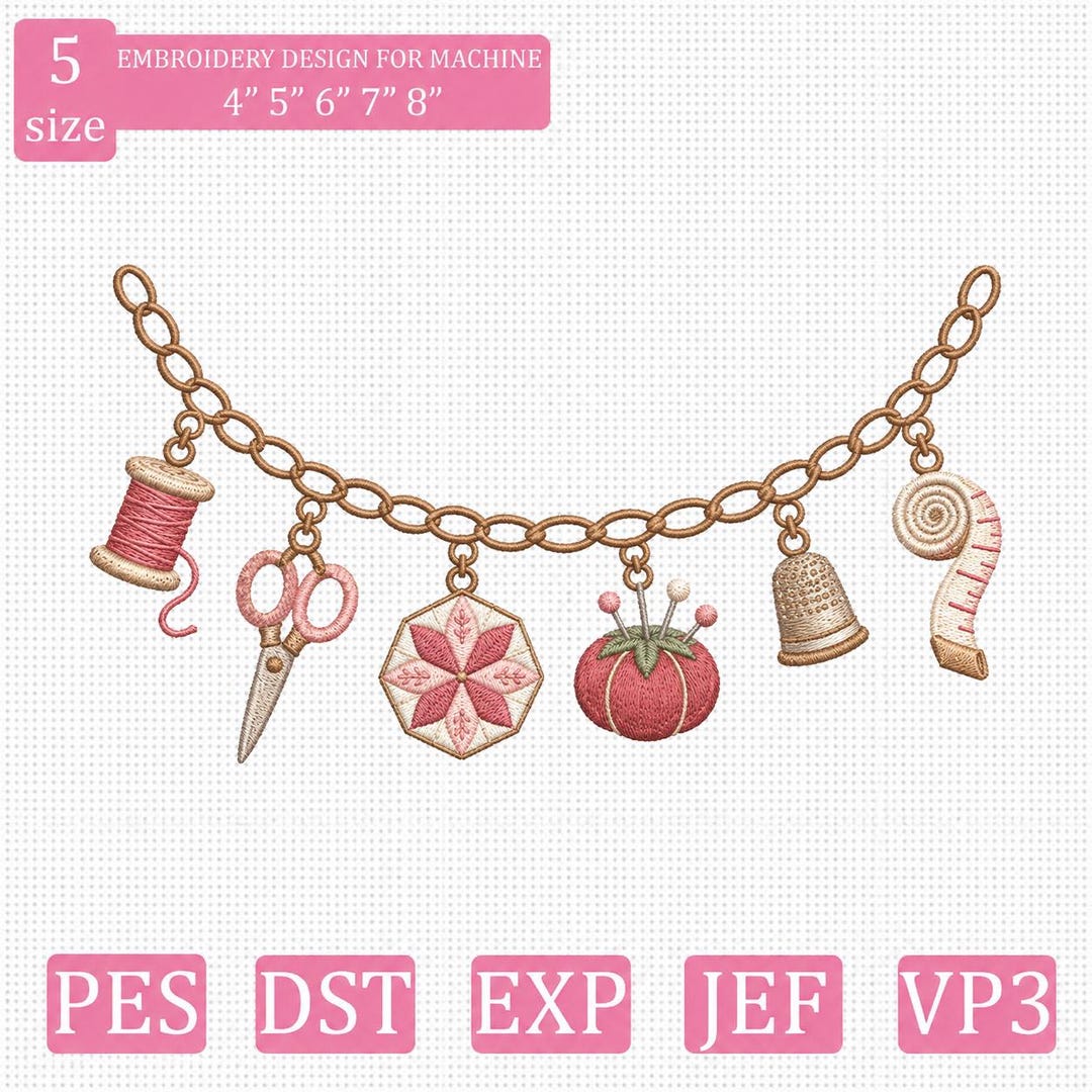 Sewing Charm Garland Embroidery Design, Thread Scissors Quilt ...