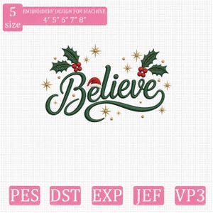 Weihnachtsstickmuster „Believe“, Weihnachtsmannmütze, Stechpalmenbeeren, festliche Schrift, Stickdateien (PES, DST, EXP, JEF, VP3)
