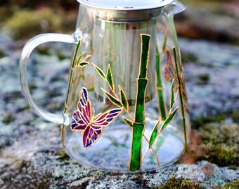 Bamboo Butterfly Glass TeaPot, Hand Painted Birthday and Nature Lover Gift, Personalized Botanical Tea Infuser, Unique Handmade Tea set