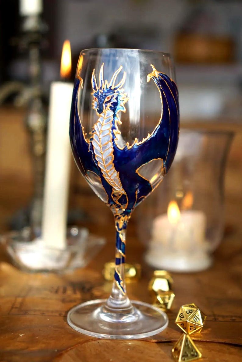 Hand Painted Blue Dragon Wine Glass, Personalized Father's Day Gift for ...
