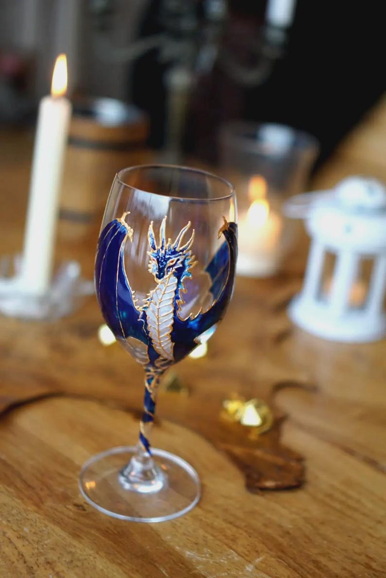 Hand Painted Blue Dragon Wine Glass, Personalized Father's Day Gift for ...