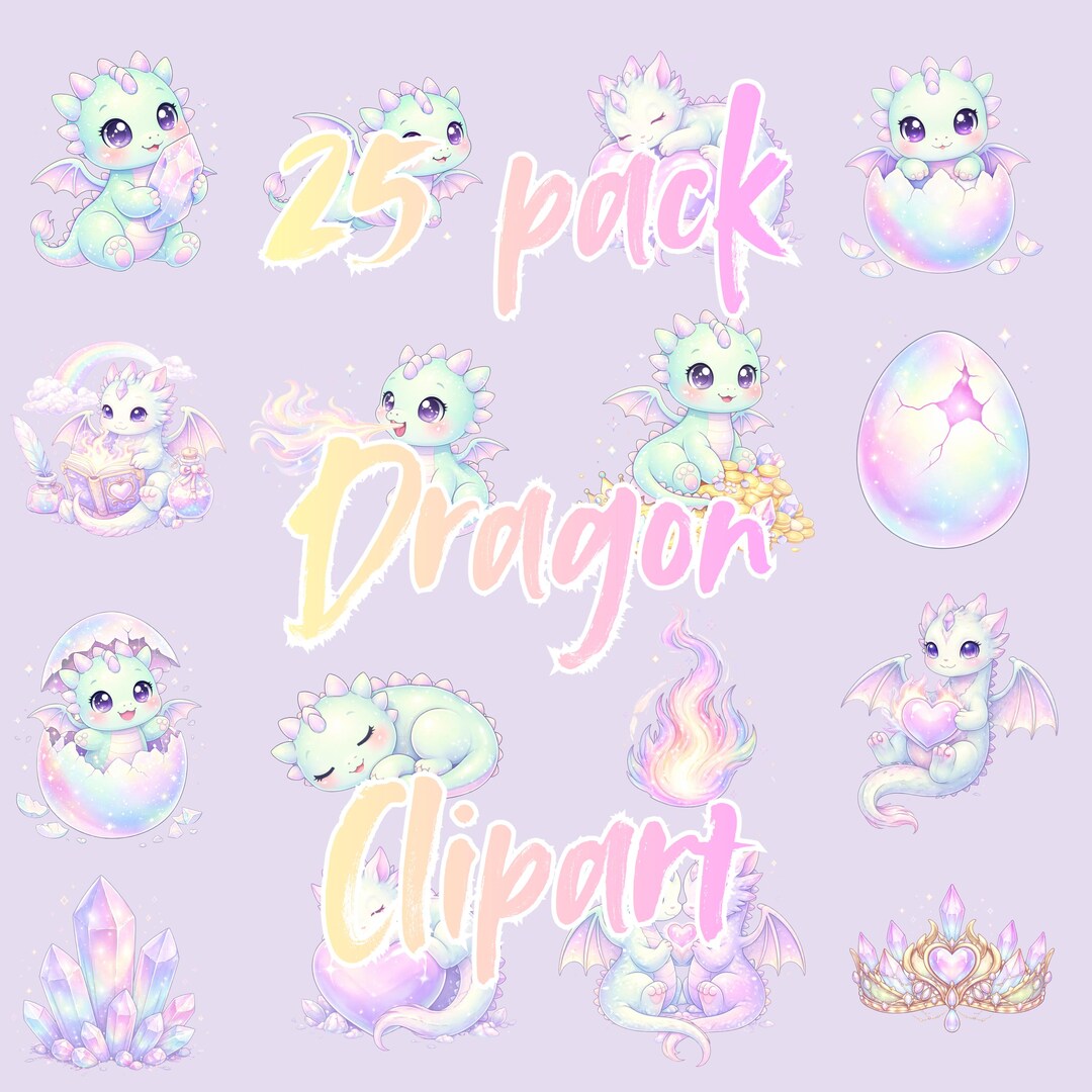 Pastel Baby Dragon Clipart Bundle, Cute Kawaii Dragon PNG, Fantasy ...