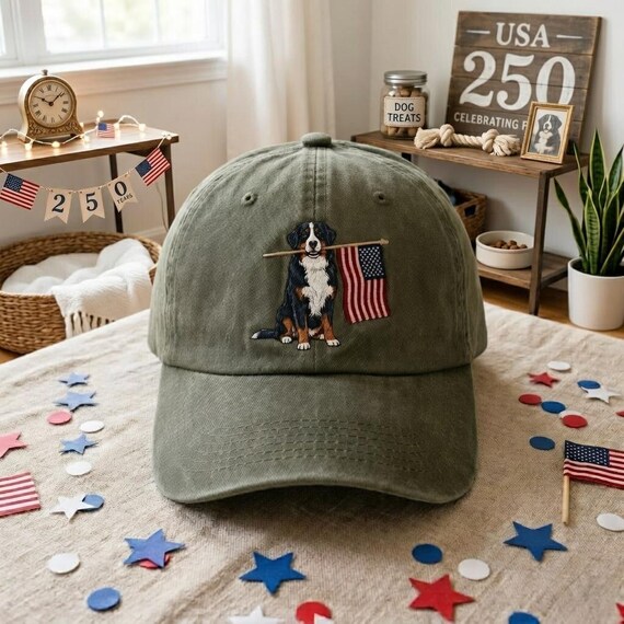 Custom Embroidered Dog Hat, Patriotic Bernese Mountain Dog Cap