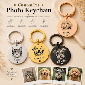 Pode incluir: Chaveiros de fotos de animais de estimação personalizados com retratos gravados. Os chaveiros redondos apresentam imagens de um gato, um golden retriever, um schnauzer e um poodle. Cada chaveiro tem o nome do animal de estimação. Texto: "Custom Pet Photo Keychain."