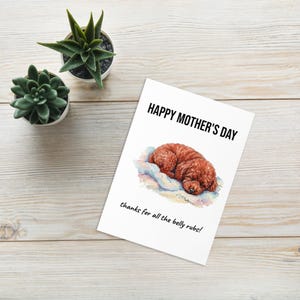 Puede incluir: Una tarjeta blanca con el texto "HAPPY MOTHER'S DAY" y "thanks for all the belly rubs!". Presenta una ilustración en acuarela de un perro durmiendo, de color marrón rojizo. Dos pequeñas suculentas en macetas están en el fondo, sobre una superficie de madera.