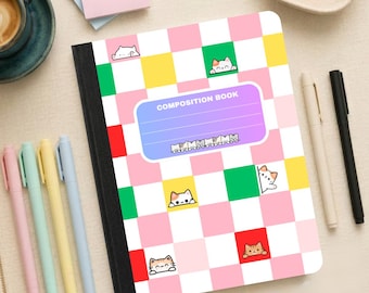 Custom Rainbow Checkered Composition Notebook - Personalized Wide Ruled Journal for Kids and Dog Lovers