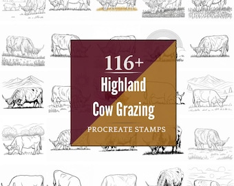 Procreate Highland Cow Grazing Stamps | 116+ Brushes, PNG (Instant Digital Download)