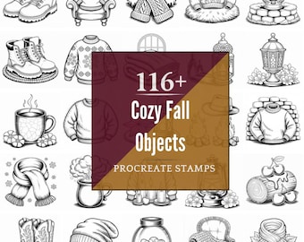 Procreate Cozy Fall Objects Stamps | 116+ Brushes, PNG (Instant Digital Download)