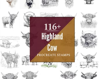 Highland Cow Procreate Brushes & PNG Bundle | 116+ Designs (Digital Download)