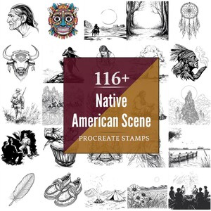 May include: A collection of black and white illustrations with a Native American theme. The image includes portraits, landscapes, and cultural symbols. Text in the center reads "116+ Native American Scene Procreate Stamps."