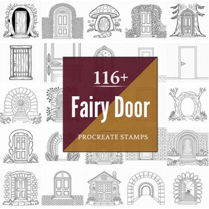 Könnte beinhalten: Schwarz-Weiß-Illustrationen verschiedener Feentüren. Das Bild zeigt Türen, die als Baumstämme, Pilzkappen und Torbögen gestaltet sind. Der Text "116+ Fairy Door Procreate Stamps" ist ebenfalls sichtbar.