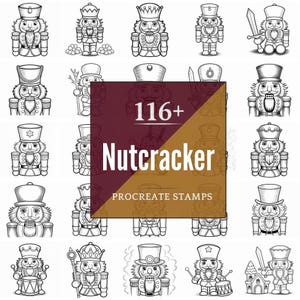 May include: A collection of black and white nutcracker illustrations. The image features various nutcracker designs, some holding swords or drums. Text on the image reads "116+ Nutcracker Procreate Stamps."