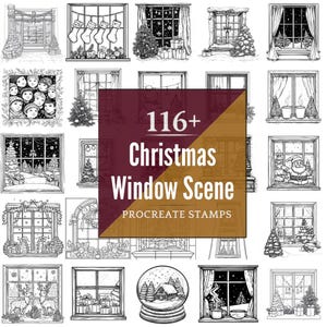 May include: A collection of black and white illustrations of Christmas window scenes. The images include various window designs with festive decorations, snow, and holiday elements. The text "116+ Christmas Window Scene Procreate Stamps" is displayed.