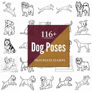 Pode incluir: Coleção de ilustrações de cães a preto e branco em várias poses. A imagem inclui um gráfico central com o texto "116+ Dog Poses Procreate Stamps". Os cães são retratados em diferentes raças e atividades.