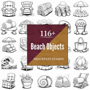 Può includere: Illustrazioni in bianco e nero di vari oggetti da spiaggia, tra cui sedie, asciugamani, ombrelloni, secchi e una borsa da spiaggia. L'immagine contiene il testo "116+ Beach Objects Procreate Stamps."