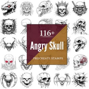 May include: A collection of 24 black and white skull illustrations with various designs. The image includes a central graphic with the text "116+ Angry Skull Procreate Stamps" in white and gold.