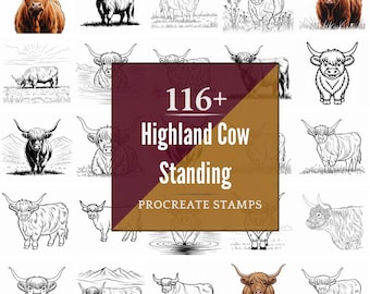 Procreate Highland Cow Standing Stamps | 116+ Brushes, PNG (Instant Digital Download)