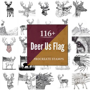 Peut inclure: Plusieurs illustrations de cerfs en noir et blanc, certaines intégrant le drapeau américain. Le texte "116+ Deer US Flag Procreate Stamps" est également présent. Les cerfs sont représentés dans diverses poses et styles.