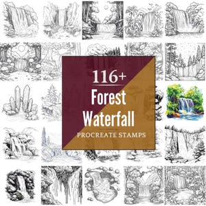 Forest Waterfall Procreate Brushes & PNG Bundle | 116+ Designs (Digital Download)