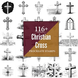 Puede incluir: Una colección de 116+ sellos de Procreate de cruces cristianas. La imagen presenta diversas ilustraciones en blanco y negro de cruces, desde diseños simples hasta ornamentados, con una superposición de texto central.