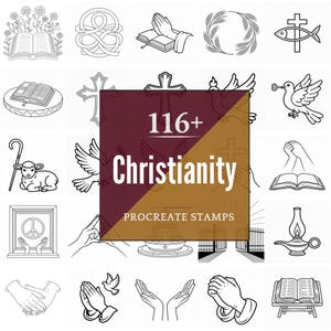 May include: A collection of 16 black and white Christian-themed Procreate stamps. The images include open books, crosses, doves, praying hands, a lamb, and the text "116+ Christianity PROCREATE STAMPS".