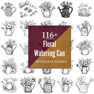 Pode incluir: Ilustrações a preto e branco de regadores com flores. A imagem inclui o texto "116+ Floral Watering Can Procreate Stamps" num esquema de cores bordô e dourado.