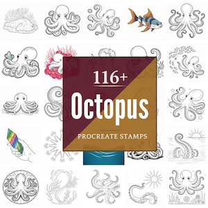 May include: A collection of octopus-themed Procreate stamps. The image features various octopus illustrations in black and white, along with a colorful fish and a hand holding a crystal. The central graphic reads "116+ Octopus Procreate Stamps."