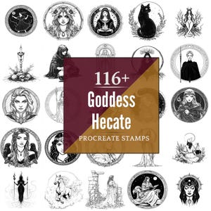 Puede incluir: Una colección de ilustraciones en blanco y negro de diosas y figuras místicas, dispuestas en marcos circulares. La imagen incluye el texto "116+ Goddess Hecate Procreate Stamps" en un esquema de color burdeos y dorado.
