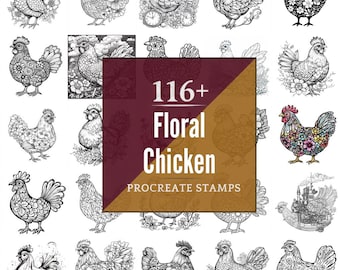 Floral Chicken Procreate Brushes & PNG Bundle | 116+ Designs (Digital Download)