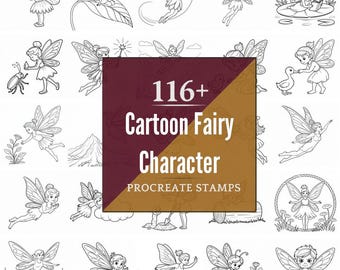 Set di timbri per personaggi di fate in stile cartone animato per Procreate / Oltre 116 pennelli, formato PNG (download digitale immediato)