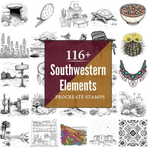 May include: A collection of Southwestern-themed illustrations in black and white, with a central graphic reading "116+ Southwestern Elements Procreate Stamps." The images include cacti, landscapes, and decorative items.
