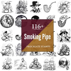 Puede incluir: Una colección de ilustraciones en blanco y negro que presentan pipas de fumar y varios personajes. La imagen central muestra el texto "116+ Smoking Pipe Procreate Stamps" en un esquema de color granate y dorado. Las ilustraciones incluyen magos, retratos y figuras de fantasía.