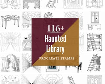 Procreate Haunted Library Stamps | 116+ Brushes, PNG (Instant Digital Download)