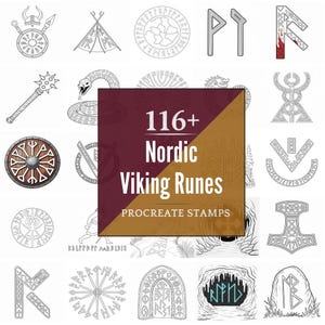 Könnte beinhalten: Ein Bild mit 116+ nordischen Wikinger-Runen Procreate-Stempeln. Das Design umfasst verschiedene Runensymbole, Waffen und Schilde in Schwarzweiß. Ein zentrales Banner zeigt den Produktnamen.