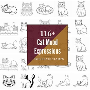 May include: A collection of black and white cat illustrations showcasing various moods and poses. The image includes the text "116+ Cat Mood Expressions PROCREATE STAMPS". The cats are depicted in different positions, such as sitting, lying down, and stretching.