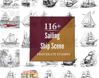 Sailing Ship Scene Procreate Brushes & PNG Bundle | 116+ Designs (Digital Download)