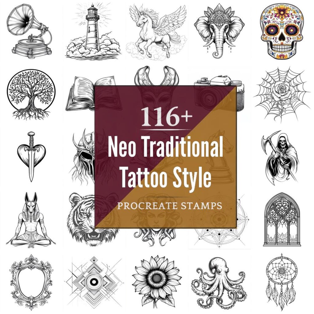 New Traditional Tattoo Style Procreate Brushes & PNG Bundle | 116 ...