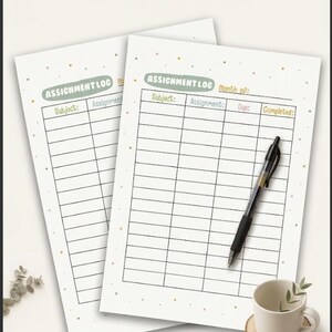 May include: Two white assignment log sheets with a light green header, a grid for subject, assignment, due date, and completion status, and small colourful dots. The text reads CUTE ASSIGNMENT LOG, PRINTABLE & FILLABLE PDF | A4 + LETTER SIZE.
