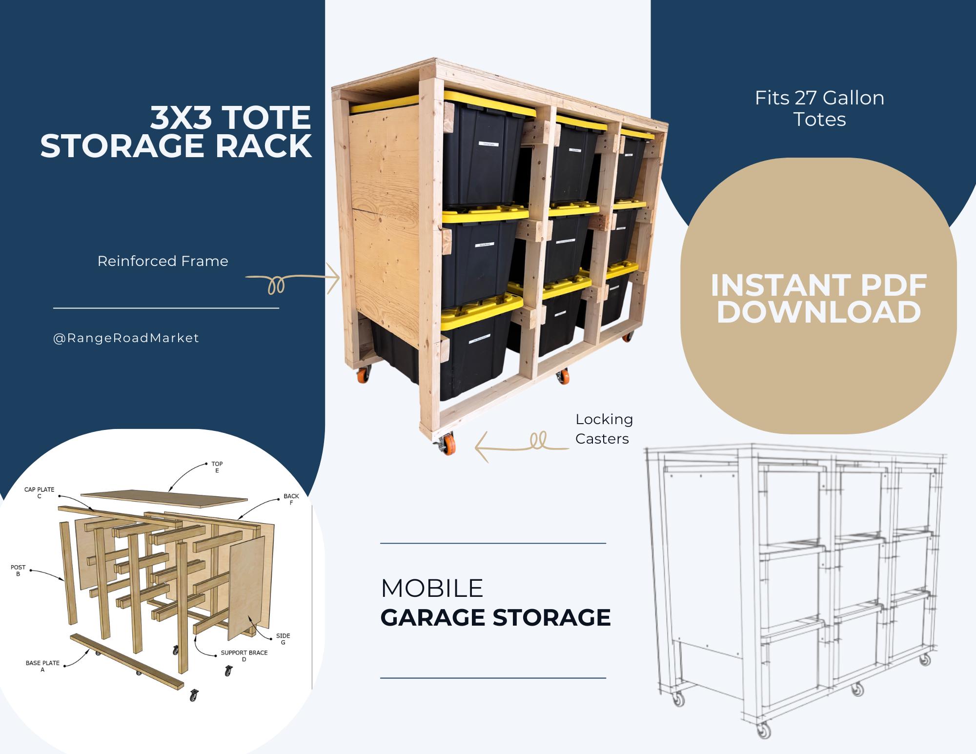 Diy Material Rack Plan.pdf 3x3 Tote Rack Plans PDF, 27 Gallon Bin Storage, Garage DIY, Rolling ...
