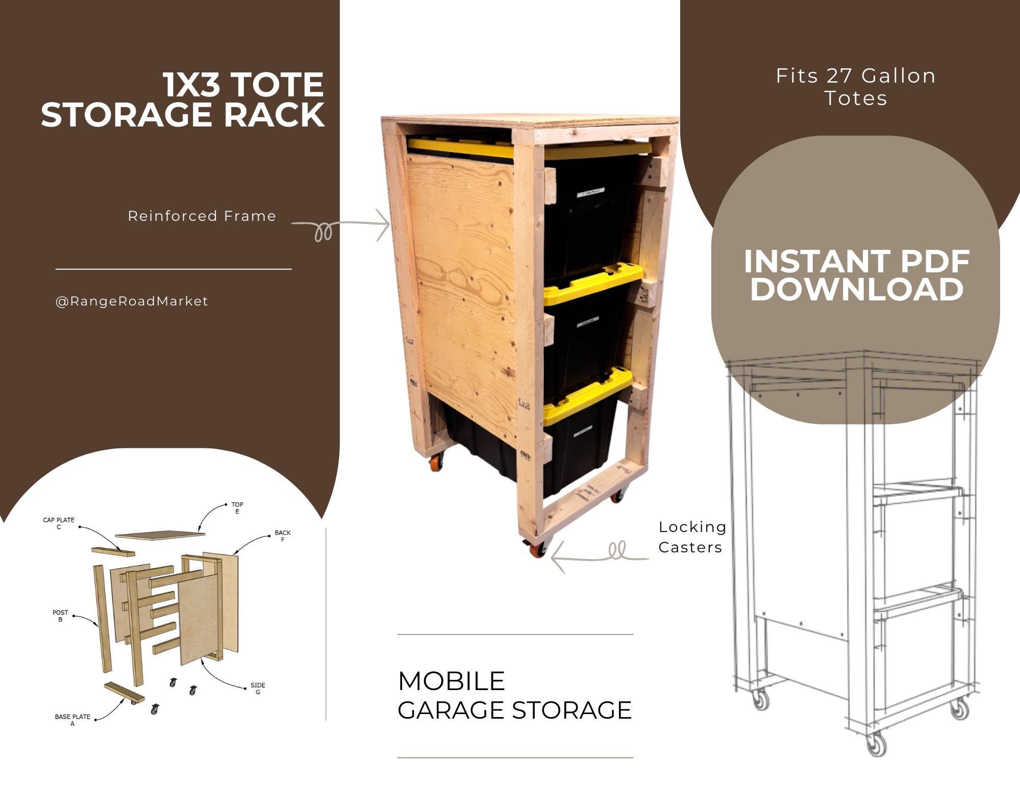 1x3 Tote Rack Plans PDF, 27 Gallon Bin Storage, Garage DIY, Vertical ...