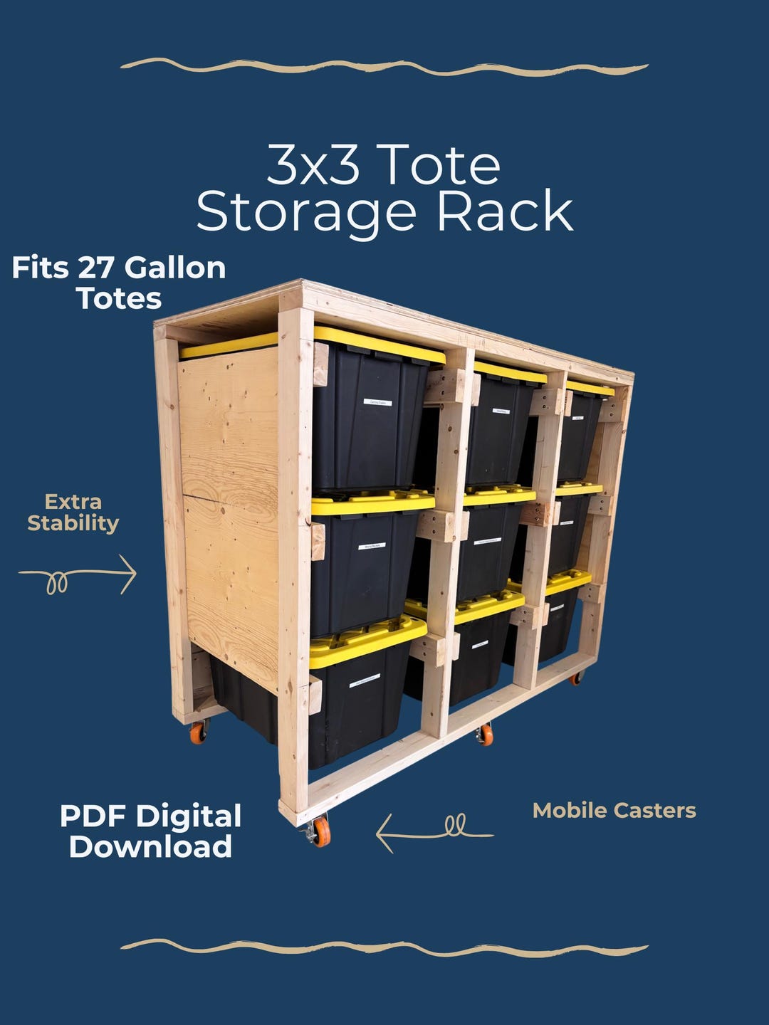 3x3 Tote Rack Plans PDF, 27 Gallon Bin Storage, Garage DIY, Rolling ...