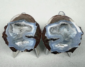 Polished Dugway Geode Pair | Banded Fortification Agate with Crystals | Natural Crystal Home Decor